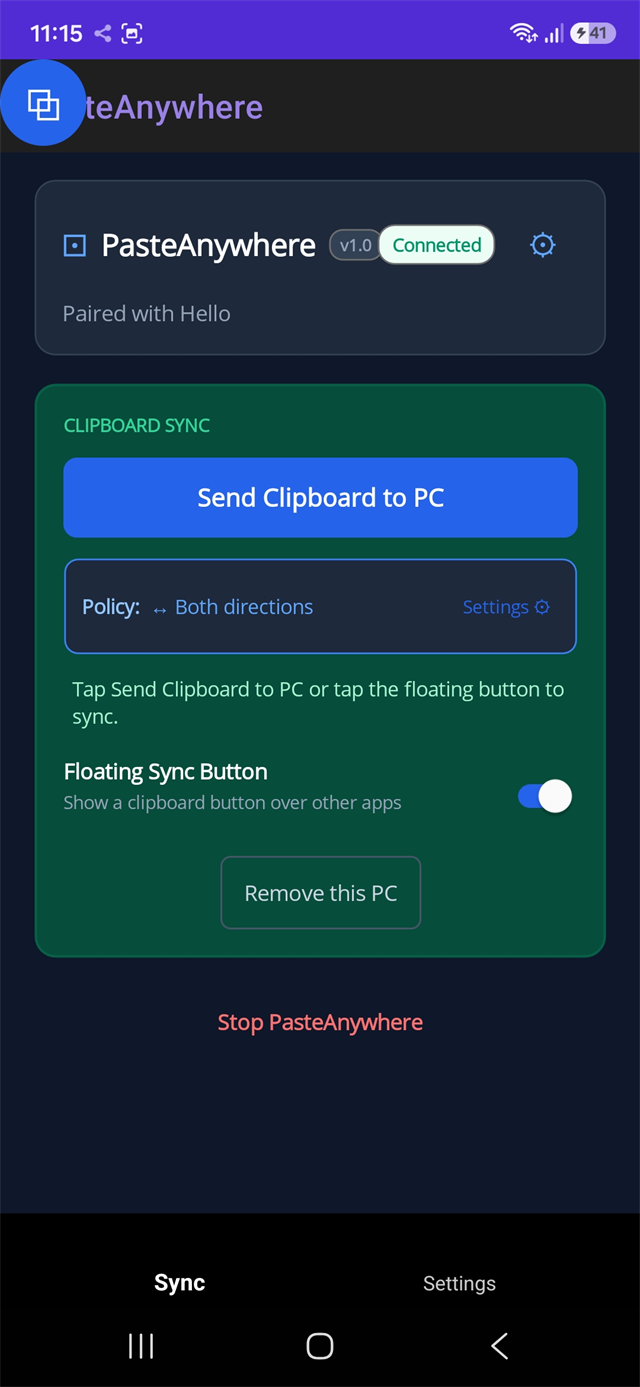 PasteAnywhere Android companion app displaying active connection and floating Quick Sync overlay