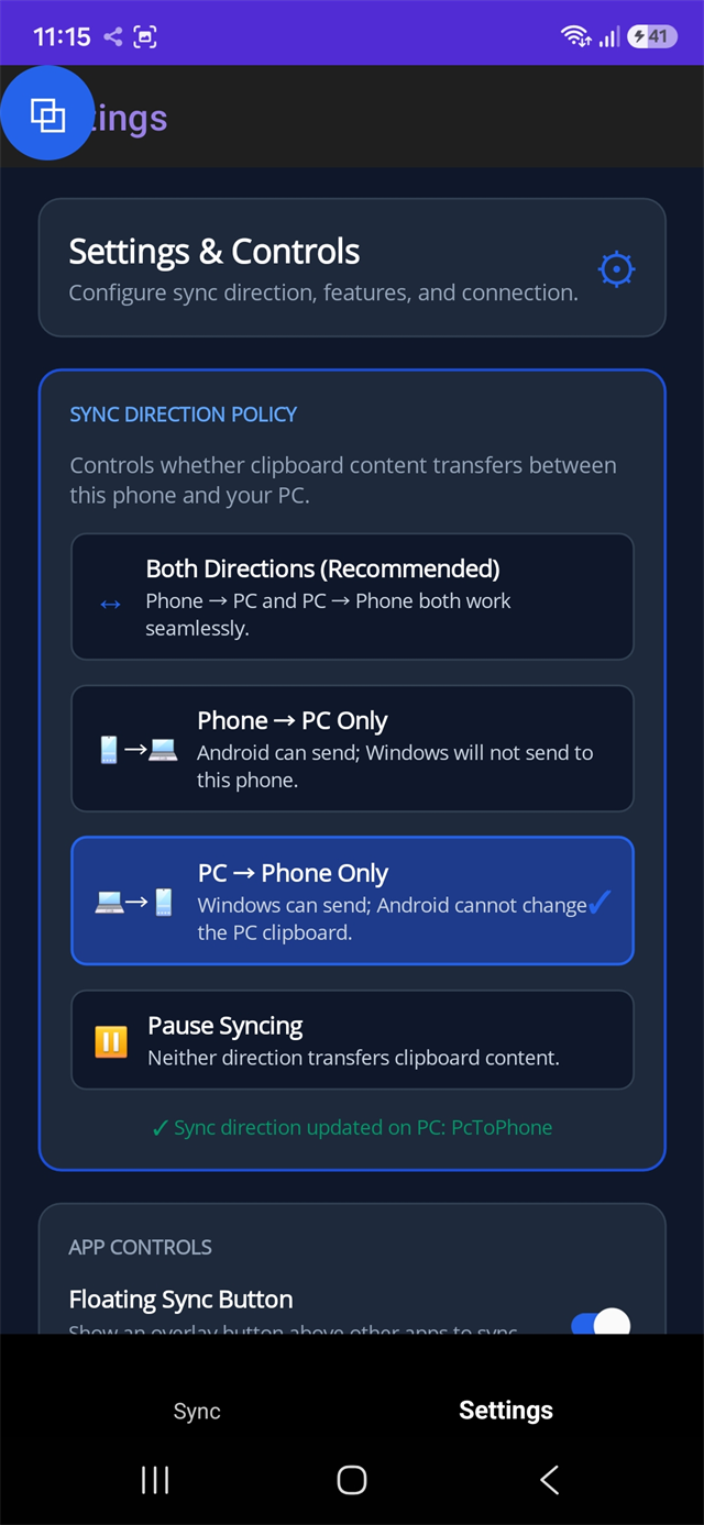 Android sync policy selection dialog showing directional clipboard options
