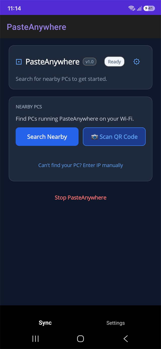 Android app ready to search for local PCs on Wi-Fi or scan pairing QR code