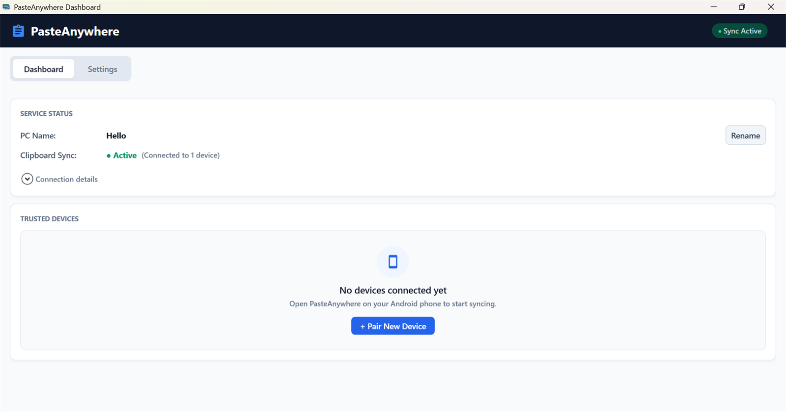 PasteAnywhere Windows Dashboard showing service status and trusted devices